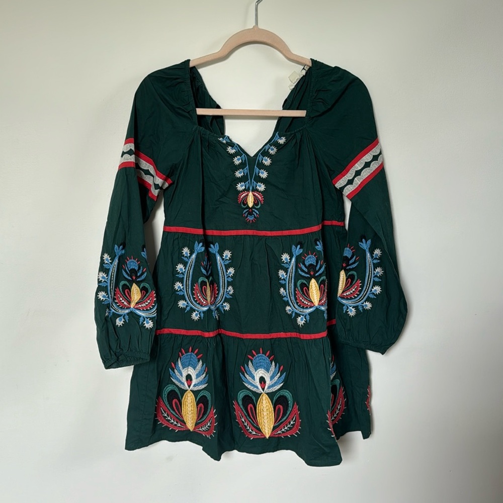 Anthropologie Women's Let Me Be Embroidered Tunic Dress in Green